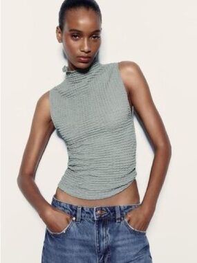 Zara size small Sleeveless Mock Neck Ruched Tank Top - Sage Green